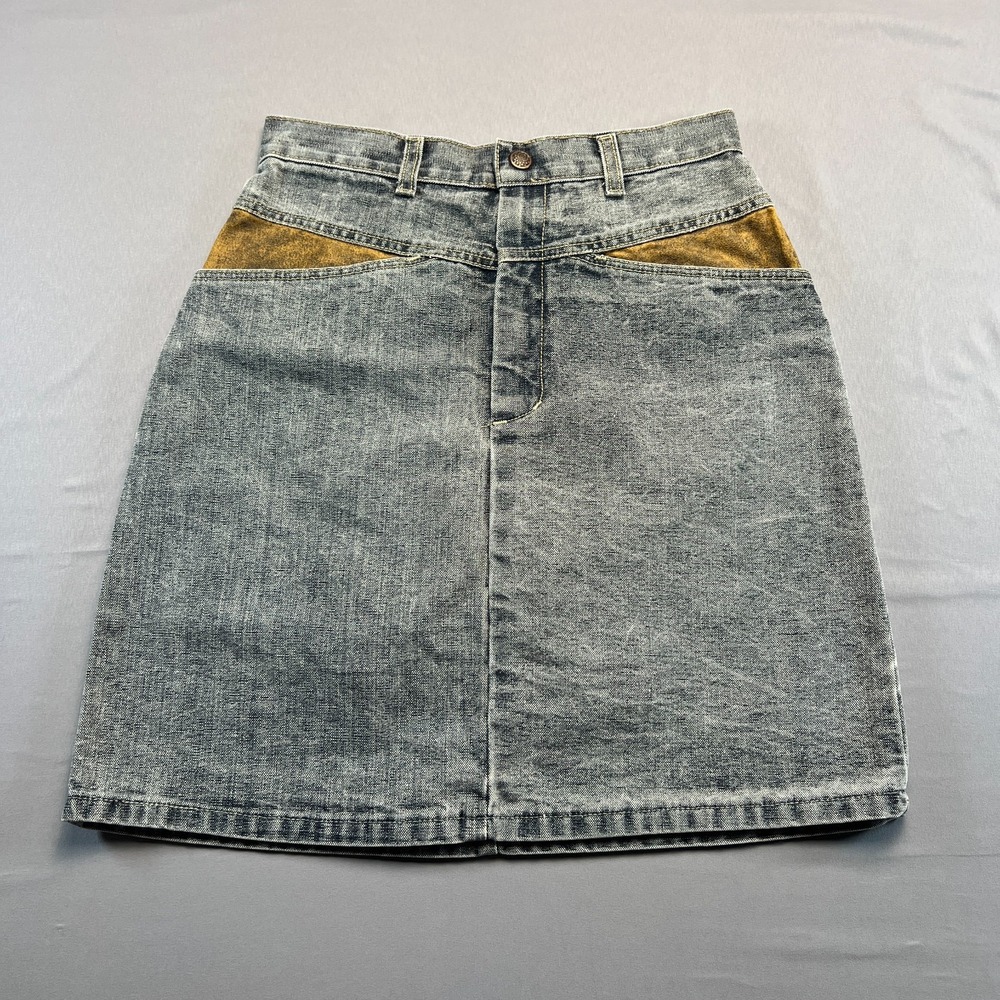 Vintage Stuffed Shirt Mini Skirt Womens 9-10 Gray Denim Patch Pockets Zip Fly